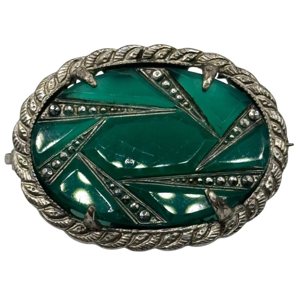 Vintage Art Deco Molded‎ Green Glass Brooch Silver Tone Pin READ